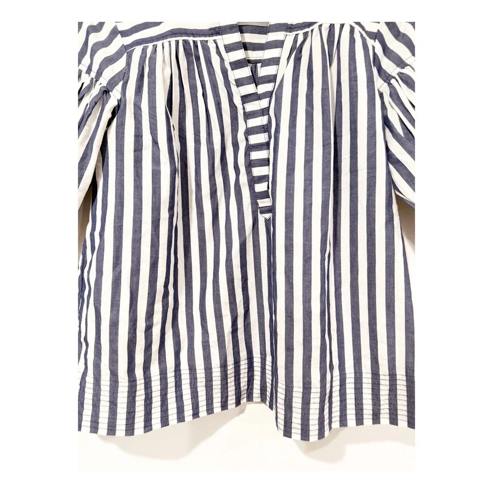 Anthropologie Striped Puff Sleeve Blouse Blue White Split Neck Pintuck Hem Small